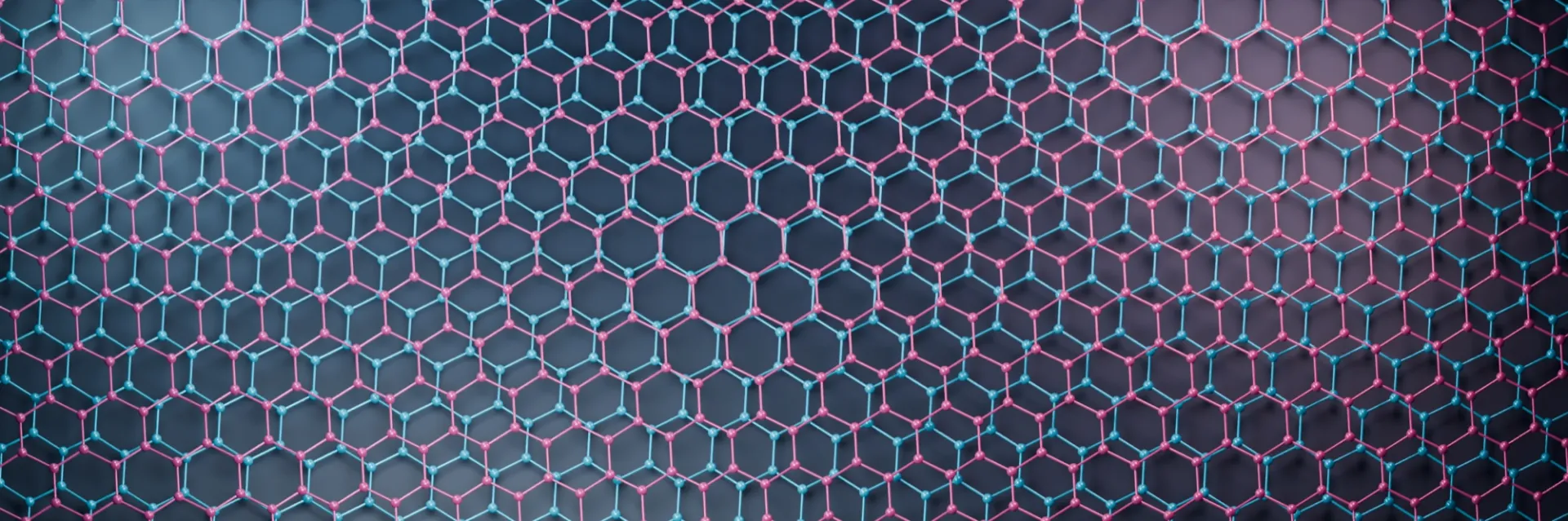 Blender rendering of two graphene honeycomb sheets twisted by six degrees, with cyan and pink atoms forming a moiré pattern.