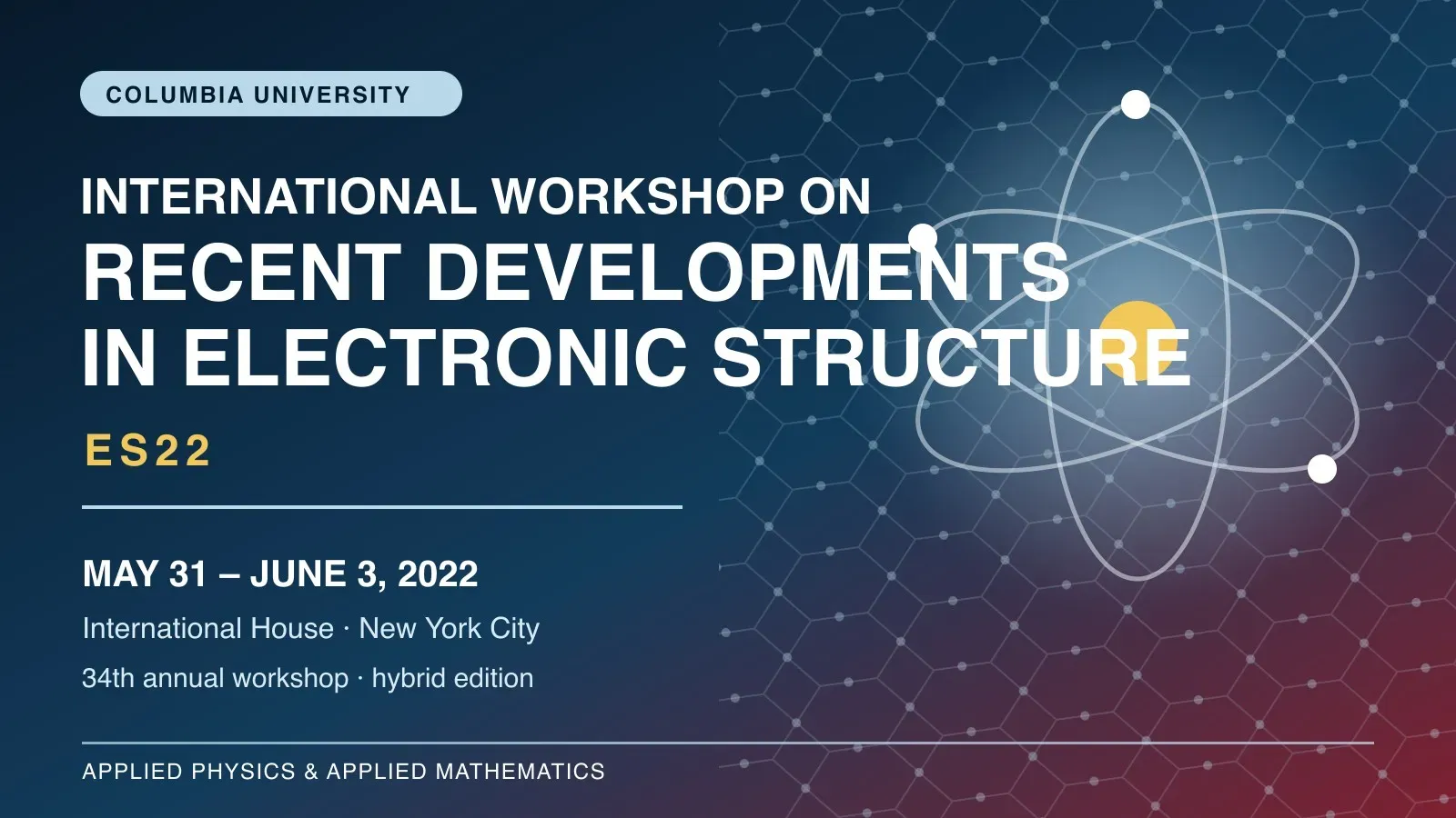 Poster for the 2022 International Workshop on Recent Developments in Electronic Structure at Columbia University