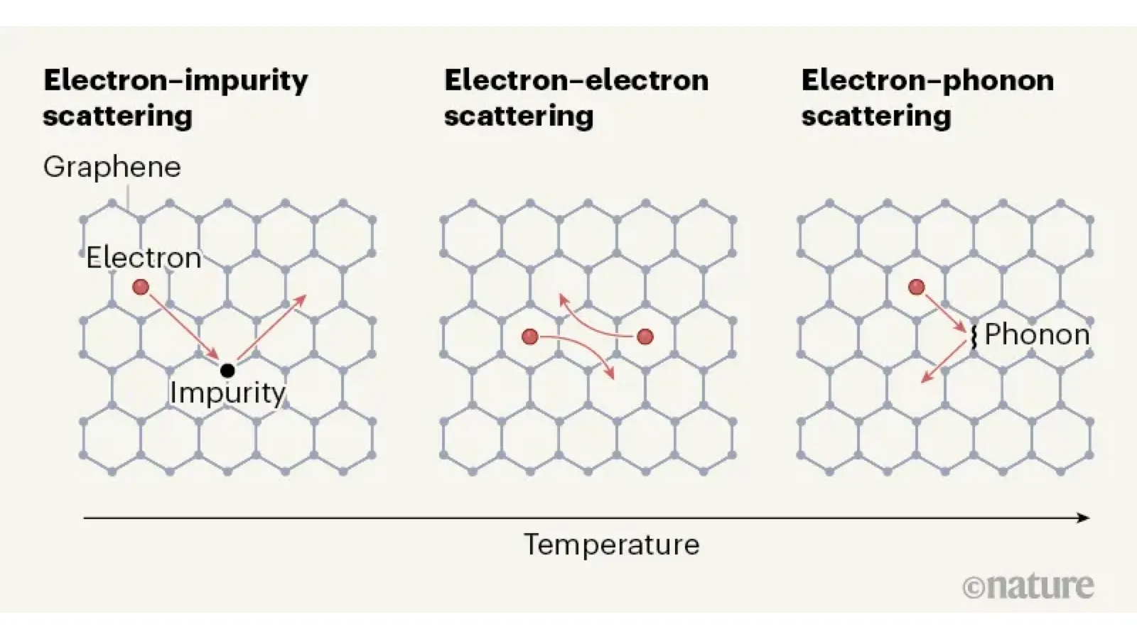 Electron-impurity, electron-electron, and electron-phonon scattering mechanisms in graphene as temperature rises