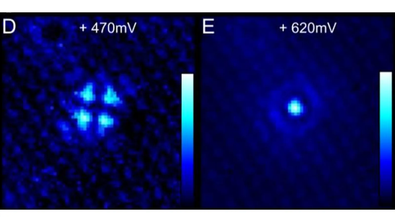 Real-space LDOS maps of four-lobed and circular electronic bound states in Pd₅AlI₂ at +470 mV and +620 mV