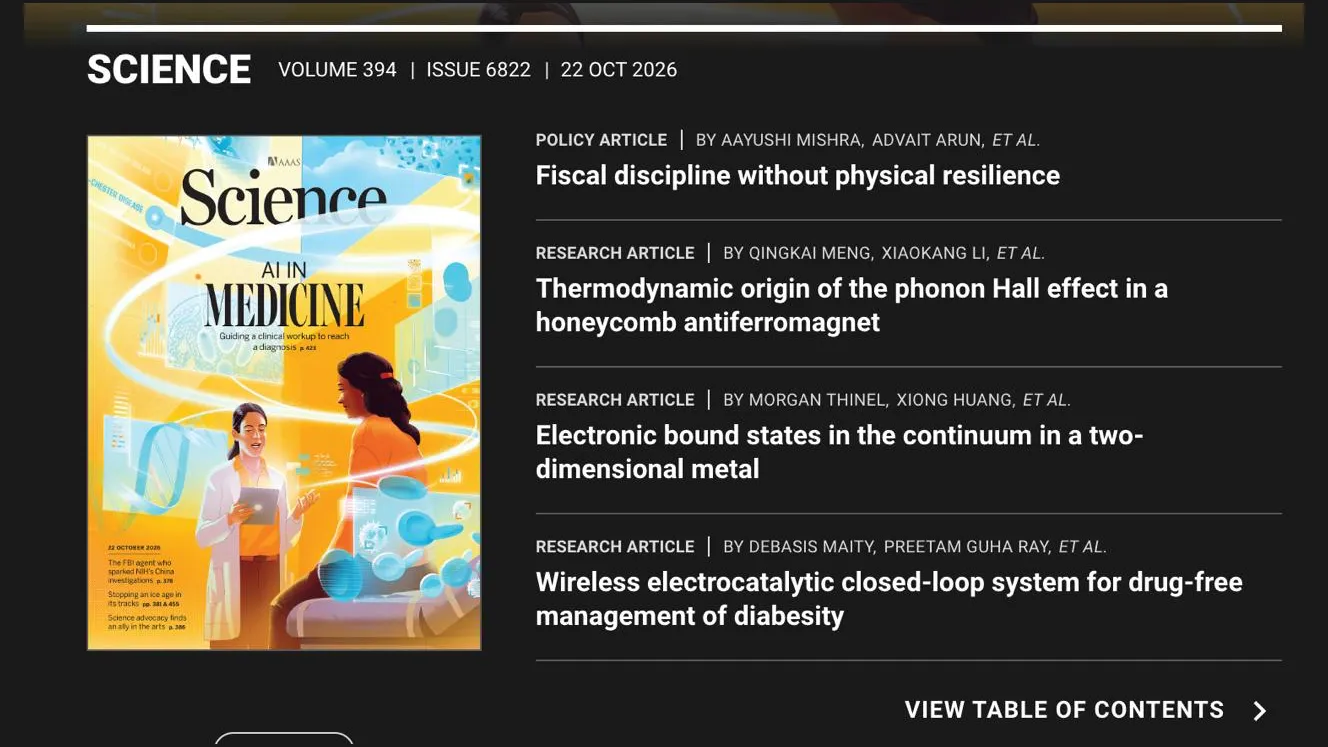 Science issue dated October 22, 2026, listing Electronic bound states in the continuum in a two-dimensional metal.