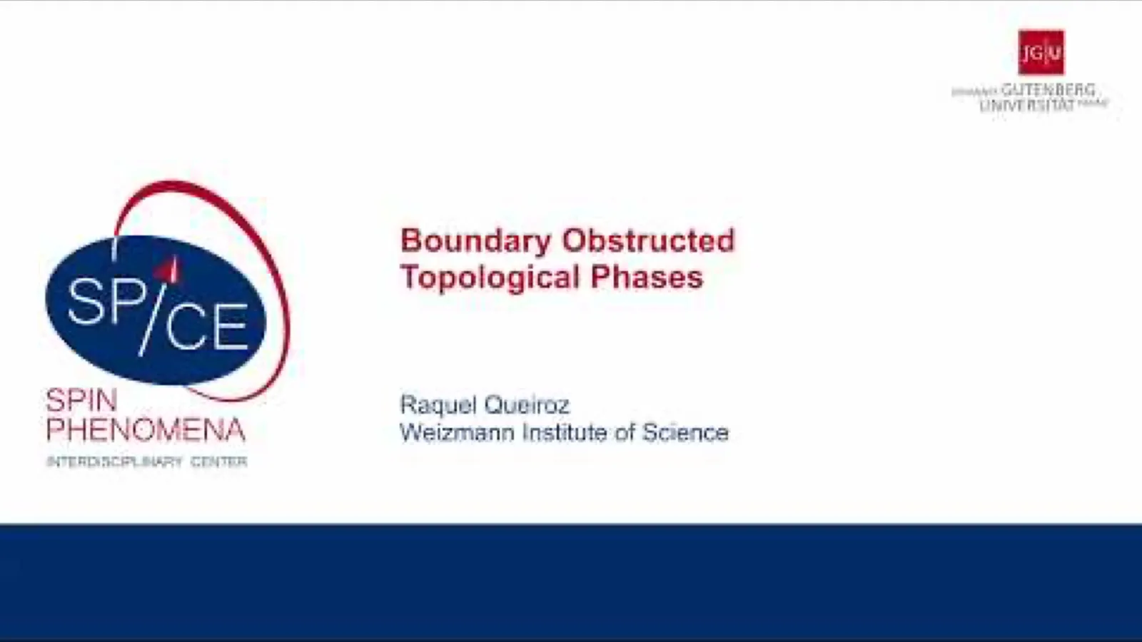 Title card for the 2019 SPICE Young Research Leaders talk on boundary-obstructed topological phases